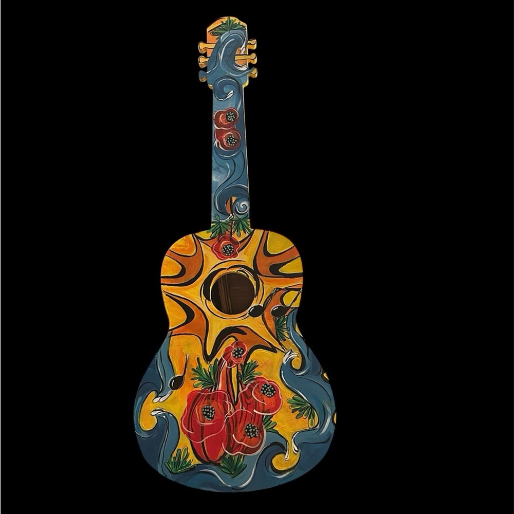 Hand Painted by seller. Whimsical Colorful Artistic Guitar Decor 24" x 12' x .5'